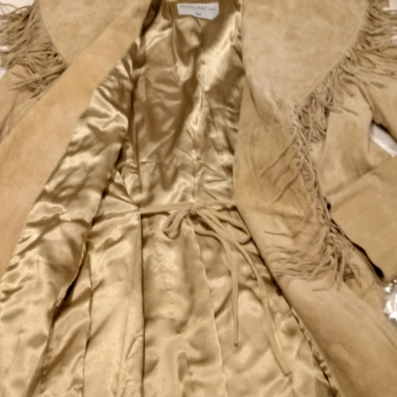 NEW Pamela McCoy Tan Leather Coat with Fringe - Picture 6 of 8